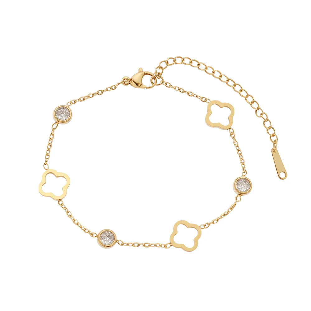 Stainless Steel Lucky Hollow Clover Crystal Zirconia Bracelet Simple And Generous Design Wrist Jewelry For Women's Daily Wear