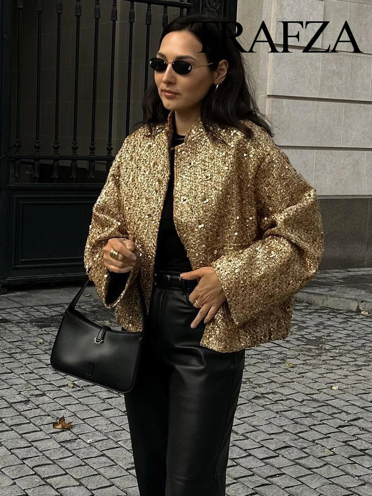 TRAFZA Women Trend Gold Sequin Decoration Loose Short Jacket Woman New Fashion Coat Versatile Warm Chic And Elegant Female Coats Viralgem Store