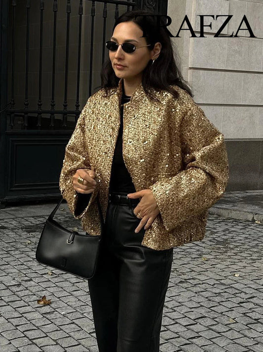TRAFZA Women Trend Gold Sequin Decoration Loose Short Jacket Woman New Fashion Coat Versatile Warm Chic And Elegant Female Coats Viralgem Store