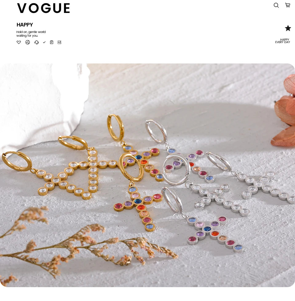 Yhpup Waterproof Colorful Cubic Zirconia Stainless Steel Cross Drop Hoop Earrings Fashion Daily Men Women Unisex Golden Jewelry