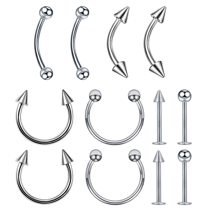 12PC Titanium Tragus Piercing Nose Earring Septum Labret Lip Ring Cartilage Industrial Tongue Barbells Eyebrow Body Jewelry