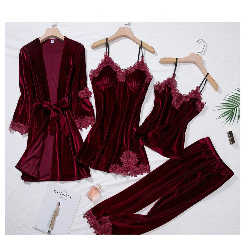 TOP Casual Velour Home Clothing 4pcs Sleep Set Intimate Lingerie Women Pajamas Suit Long Sleeve Lace Velvet Homewear Pyjamas Viralgem Store