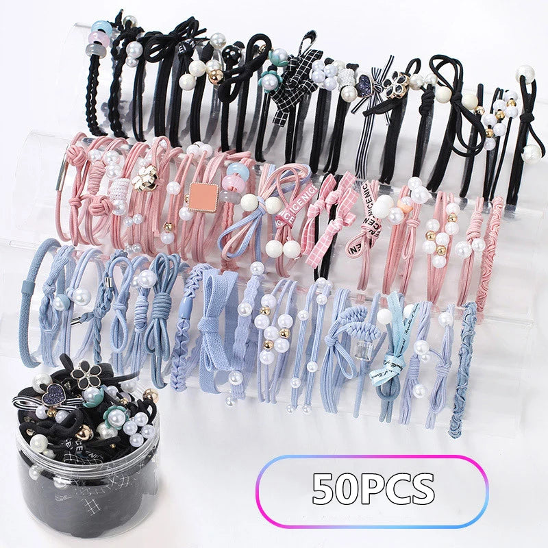 50/12PCS  Women Elastic Hair Ties Pearls Fashion Girls Scrunchies Ponytail Holder Rubber band Hair Rope Hair Accessories Viralgem Store