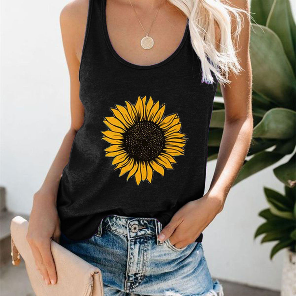 Women Plus Size Summer Sunflower Print Round Neck Sleeveless T-Shirt Top Tank New Fashion Simple Versatile Women'S Clothing 2023