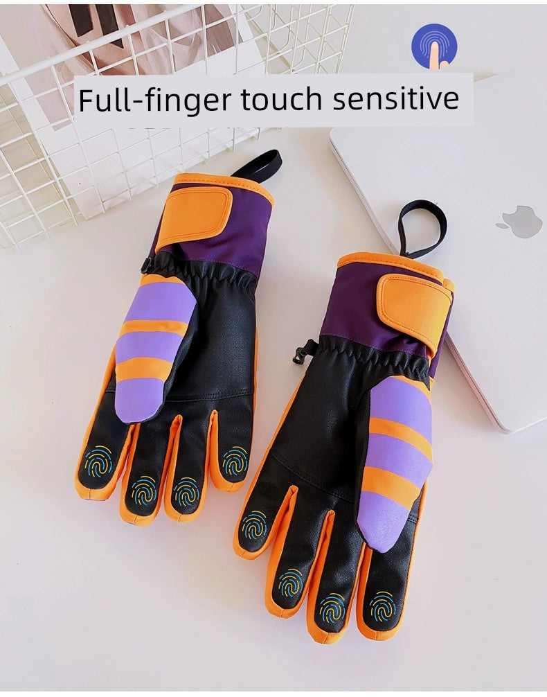 Waterproof Ski Gloves for Women Winter Fleece-Lined Thickened Cotton Students Warm-Keeping Cold-Proof Windproof Touch Screen Cycling Motorcycle Men