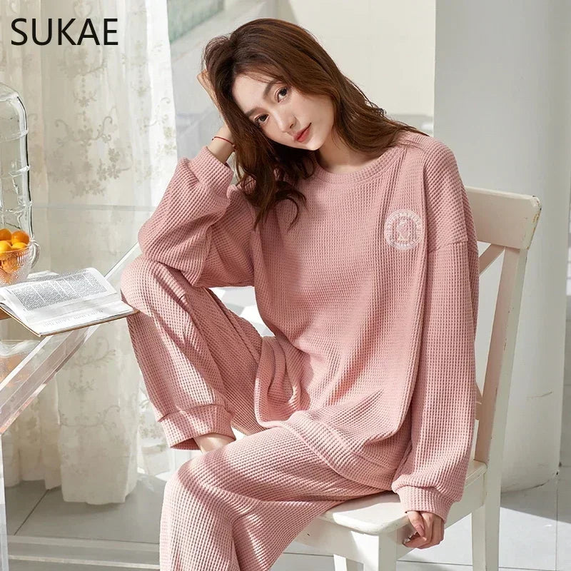 SUKAE Waffle Cotton Korean Minimalist Style Women Pajamas Spring Autumn Long Sleeves Lady Sleepwear Kawaii Round Neck Homesuits