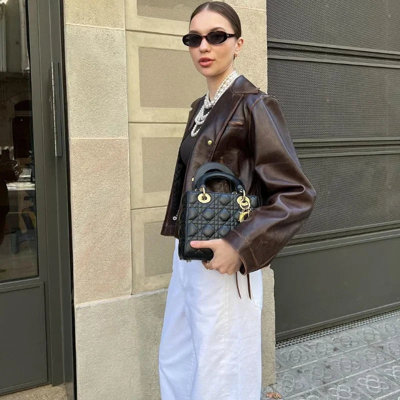 Vintage Cropped Distressed Leather Jacket For Women Chic Lapel Single Breasted Lace Up Coat Autumn Lady New Chic Streetwear 2024