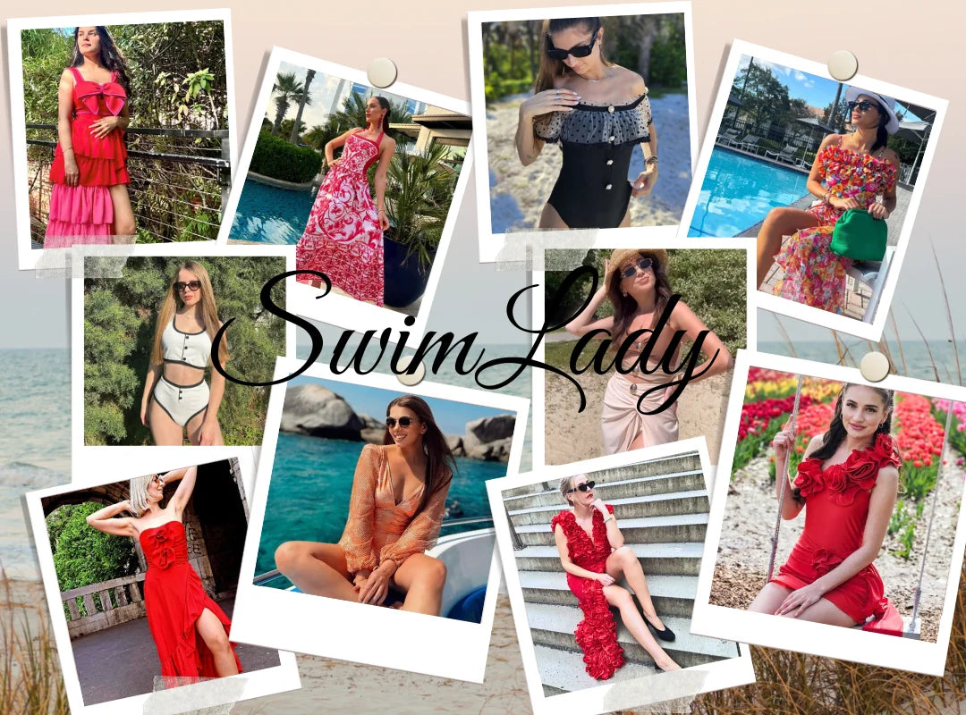 2024 V Neck Shell Print Decor Long Sleeve One Piece Swimsuit and Skirt  Clearance Wholesale Bodysuit Dress