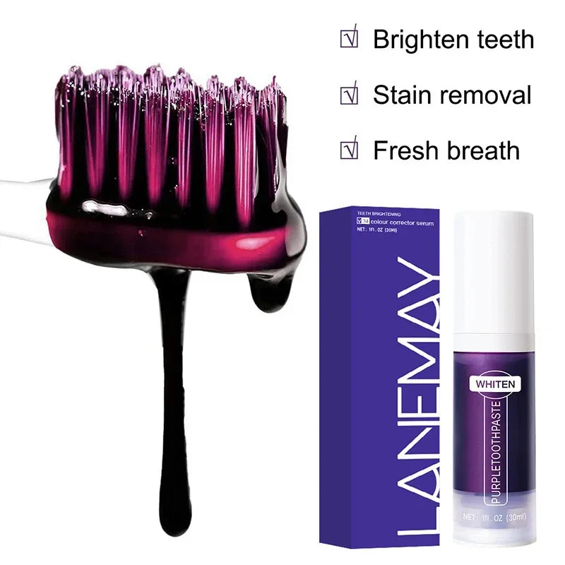 V34 Purple Teeth Whitening Toothpaste Remove Plaque Stains Cleaning Oral Hygiene Dental Bleach Tools Fresh Breath Beauty Health