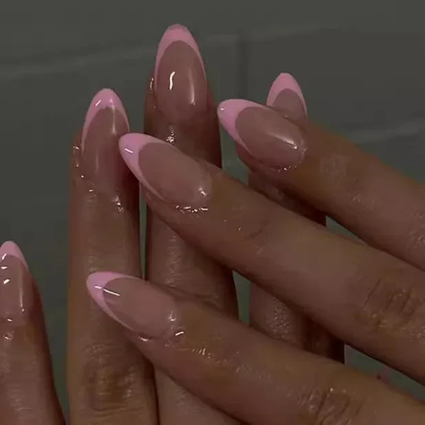 24Pcs Wearable French Fake Nails with Glue Simple Almond False Nails White Edge Design Short Full Cover Oval Nails Set Press On