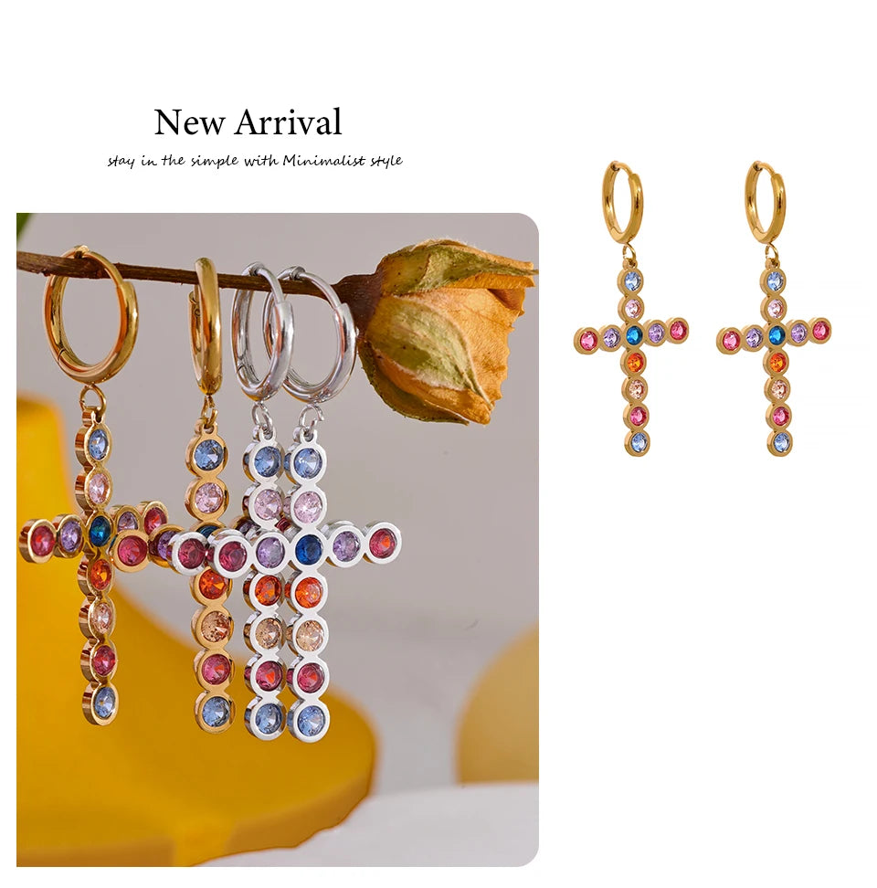 Yhpup Waterproof Colorful Cubic Zirconia Stainless Steel Cross Drop Hoop Earrings Fashion Daily Men Women Unisex Golden Jewelry