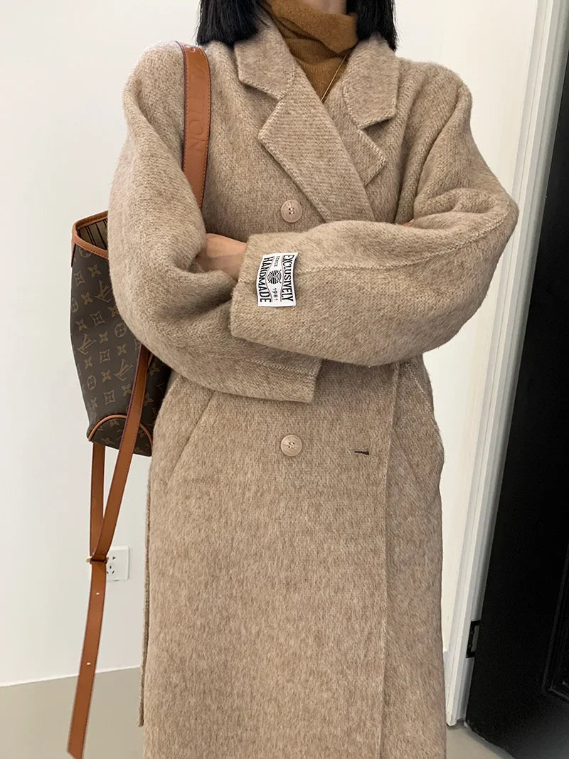 2024 Autumn Winter Wool Coat Women Double-breasted Solid Color Women's Double-sided Woolen Belt Coats Loose Warm Wool Jacket