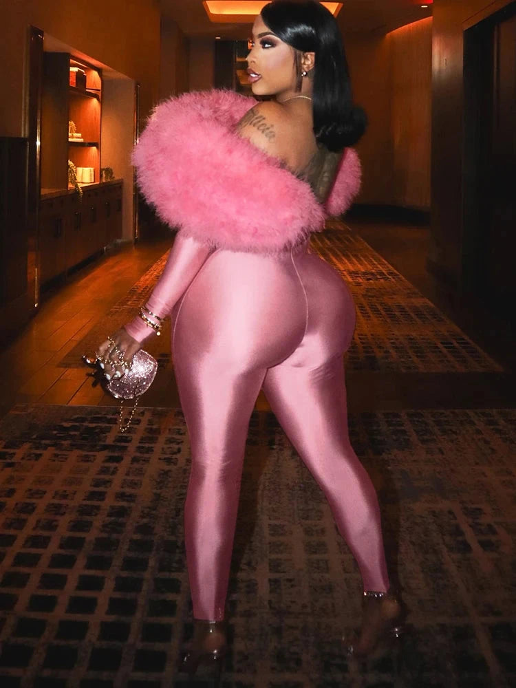 Weird Puss Furry Slash Neck Jumpsuits Woman Luxury Hipster Patchwork Trend Sexy Hollow Stretch Fitness Club Activity Overalls Viralgem Store