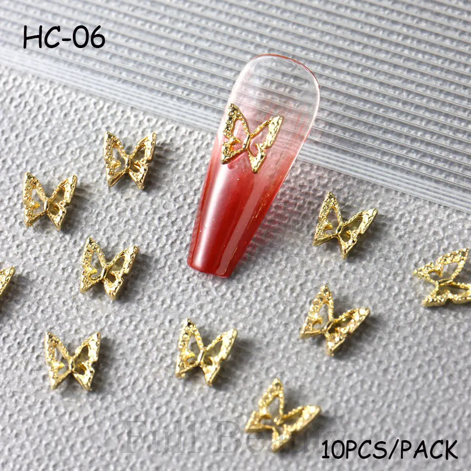 10pcs/pack Butterfly Shaped Nail Charms 3D Gold Silver Butterflies Rhinestone Zircon Jewelry DIY Nail Art Decoration Accessories