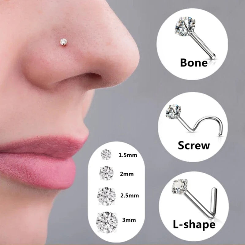 1PC 1.5-3mm Mini Zircon Nose Studs 316L Stainless Steel L Shape Nose Ring Cartilage Earrings for Women Men Body Piercing Jewelry Viralgem Store