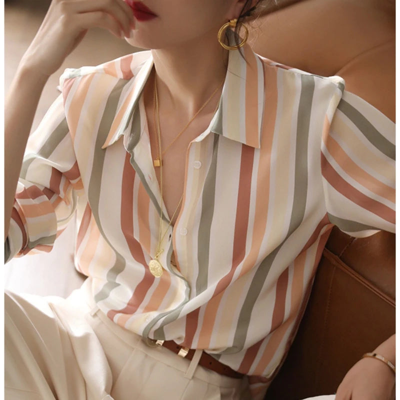 Stripe Women Shirt Satin Vintage Shirt for Women 2023 Autumn Clothes Korean Fashion Shirts and Blouses Basic Elegant Womens Tops Freshlook Styles