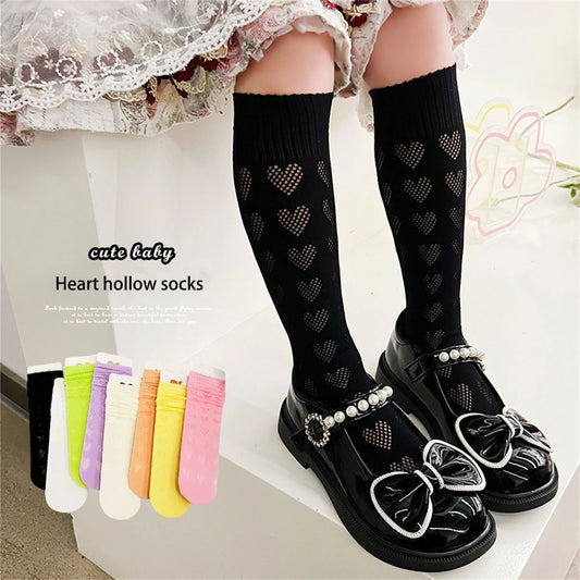 1/4 pairs of girls' dopamine heart hollow  mesh straight socks, lightweight  breathable heart mesh socks, women's long tube