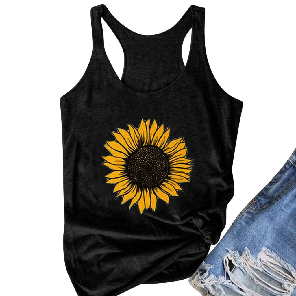 Women Plus Size Summer Sunflower Print Round Neck Sleeveless T-Shirt Top Tank New Fashion Simple Versatile Women'S Clothing 2023