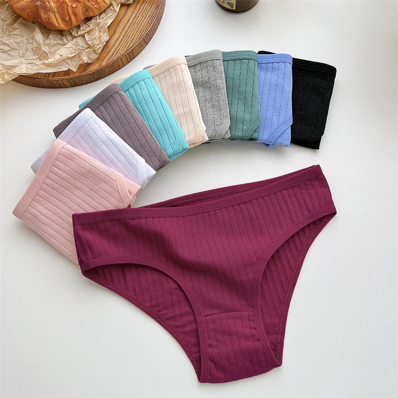7Pcs/SET Cotton Ribbed Striped Underwear Women's Panties Sexy Solid Color Plus Size Briefs Female Breathable Soft Lingerie L-7XL