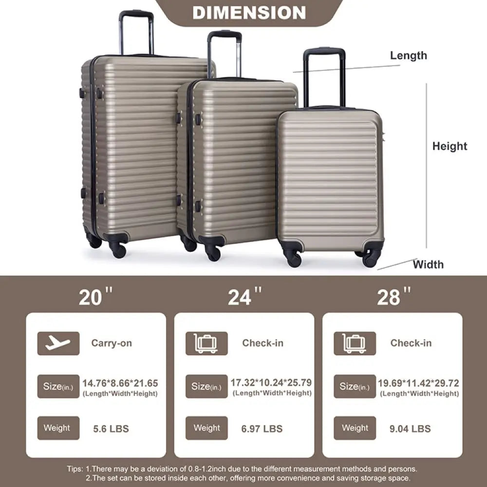 3 Piece Luggage Sets ABS Lightweight Suitcase with Two Hooks, Spinner Wheels, TSA Lock, (20/24/28) GOLD Large capacity suitcase Viralgem Store