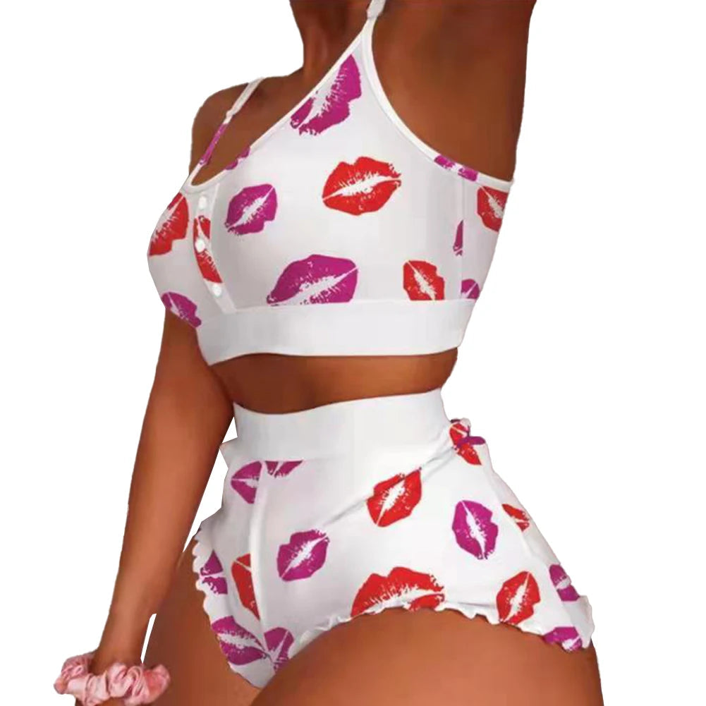 Women's Fashion Print Pajama Set Frill Hem Short + Sleeveless Crop Top Sleepwear Nightwear Lingerie Sweet Viralgem Store
