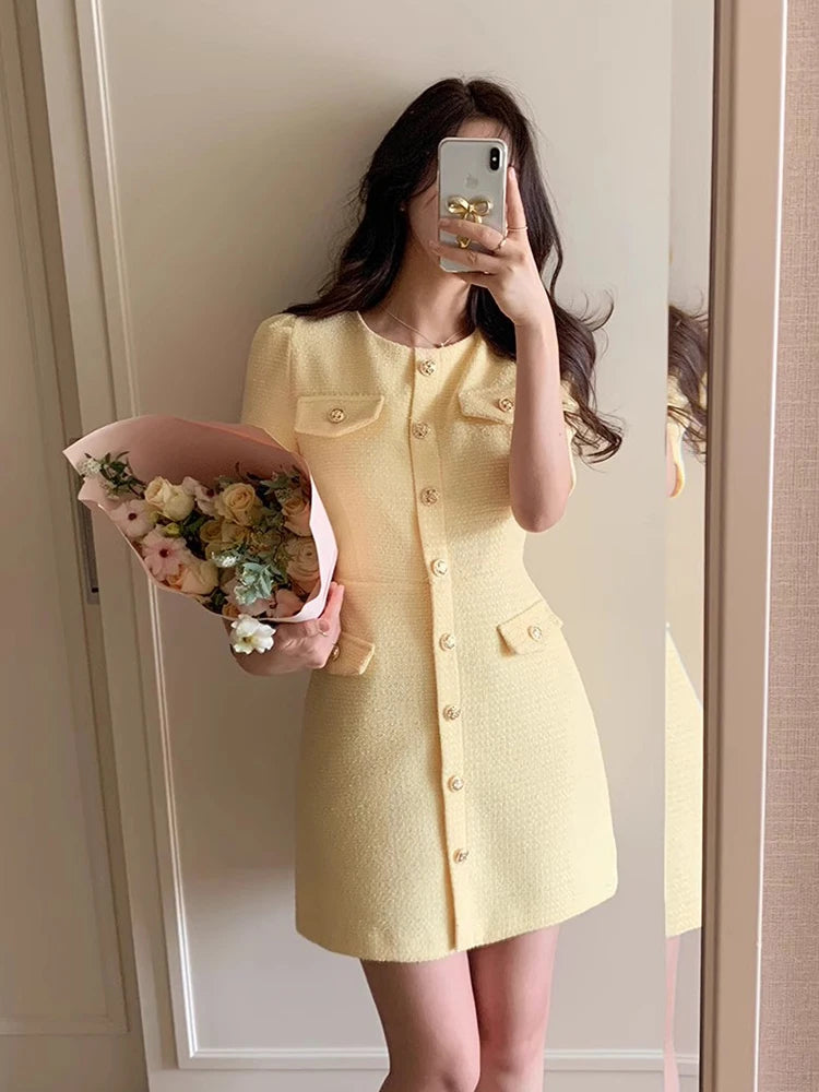 Temperament  Small Fragrance O-neck Vestidos 2024 Summer Korean Chic High Sense Tweed Puff Sleeve Dress Short Dresses Woman