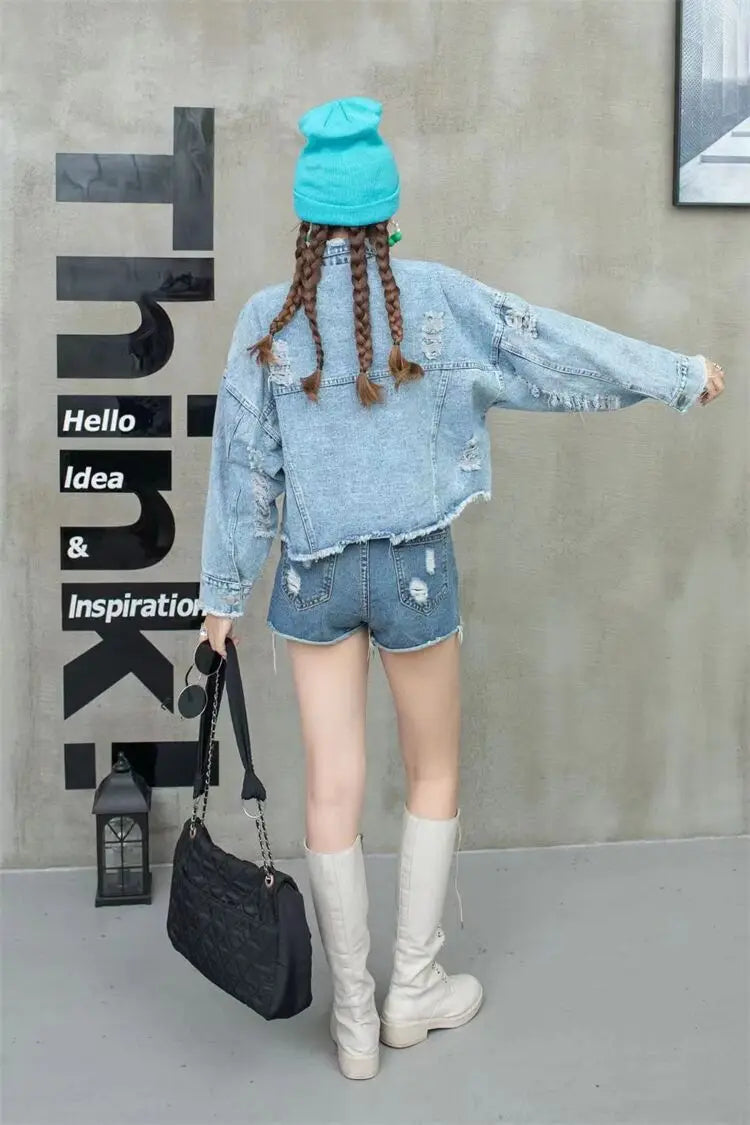 2024 New Women Coat Cartoon Sticker Embroidered Sequin Short Denim Jacket Loose Bowknot Top