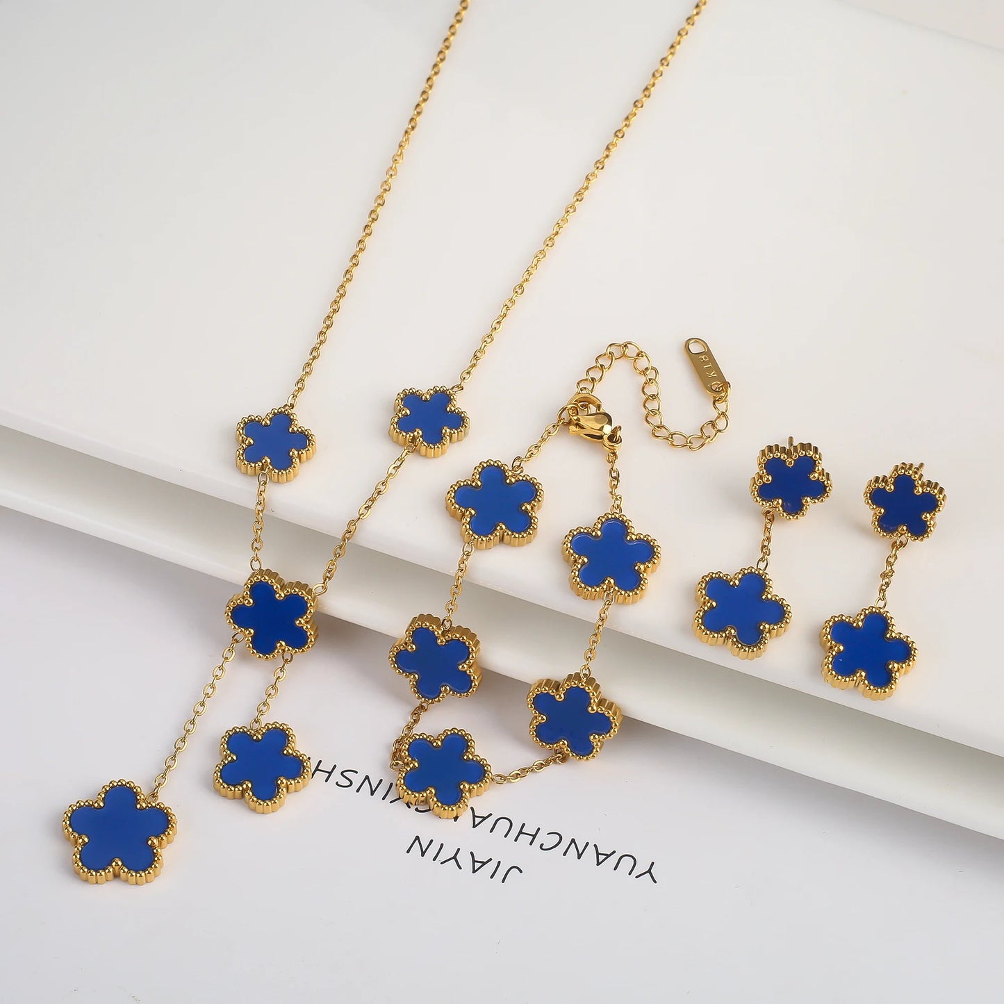 3Pcs 18k Gold-Plated Five-Leaf Flower Necklace Earrings Bracelet Jewelry Set For Woman Fashion Party Jewelry Daily Wear Clover Viralgem Store