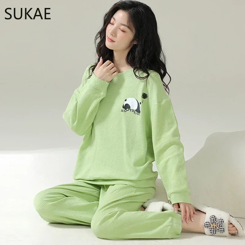 SUKAE Waffle Cotton Korean Minimalist Style Women Pajamas Spring Autumn Long Sleeves Lady Sleepwear Kawaii Round Neck Homesuits