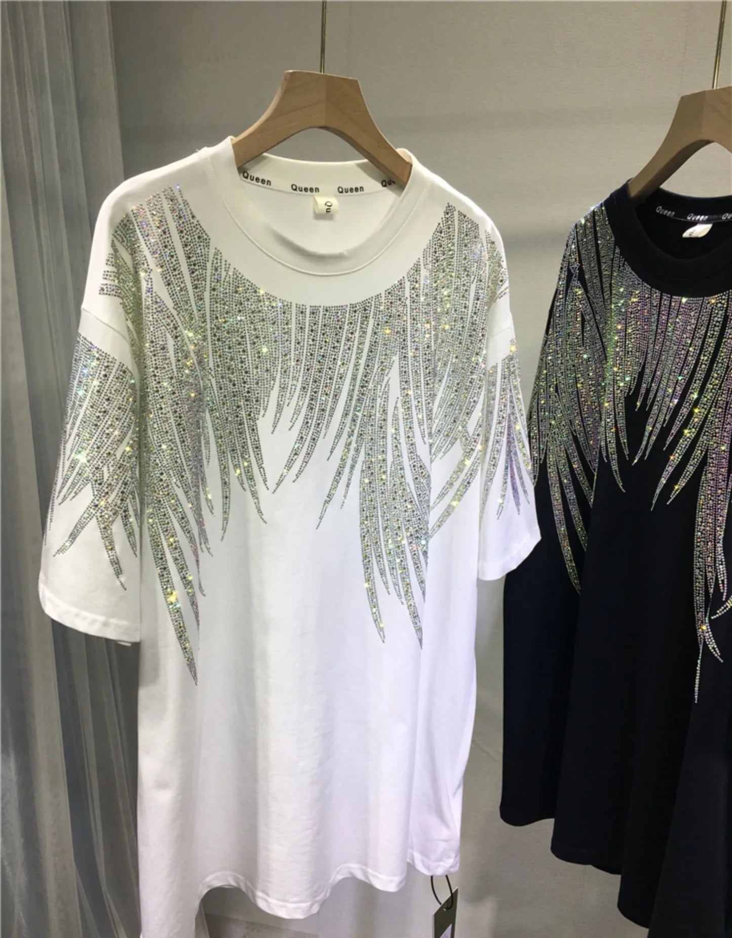 Women Tops Sequin Print Tees Round Neck Half Sleeve Loose Casual Regular Splice T Shirts Simple Hot Drilling Mid Length Top