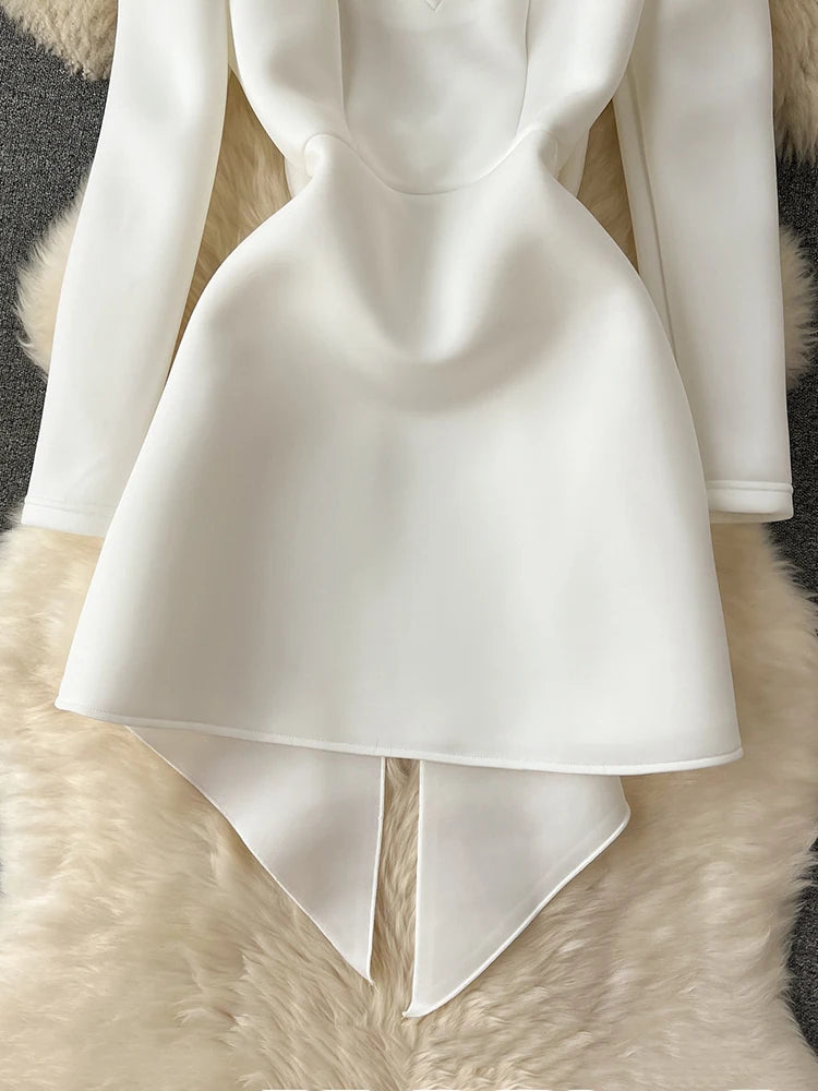 XFPV Female Dress Square Collar Solid Puff Sleeve Backless Bow High Waist Elegant Fashion Vestidos Spring Autumn2024 SM9457