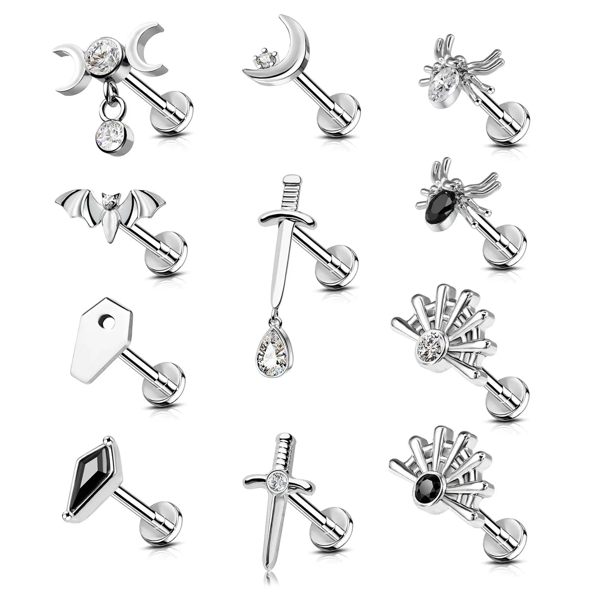 1pc Stainless Steel Rhinestone Lip Stud Crescent Pendant Cross Spider Fan Cartilage flat back Ear Stud Tragus Piercing Earrings
