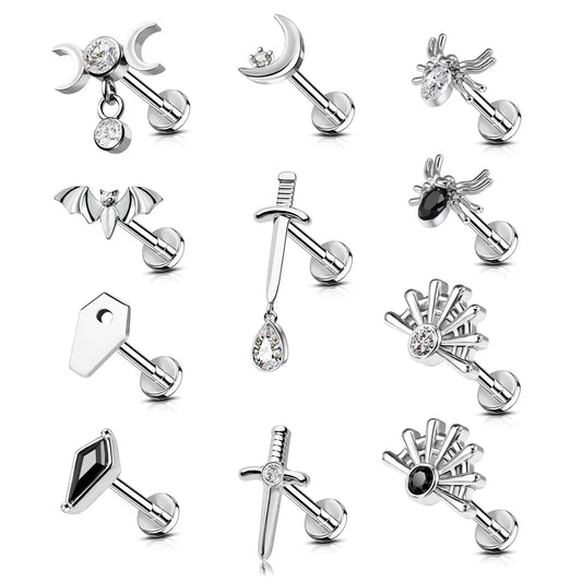 1pc Stainless Steel Rhinestone Lip Stud Crescent Pendant Cross Spider Fan Cartilage flat back Ear Stud Tragus Piercing Earrings