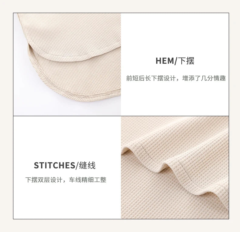 SUKAE Waffle Cotton Korean Minimalist Style Women Pajamas Spring Autumn Long Sleeves Lady Sleepwear Kawaii Round Neck Homesuits