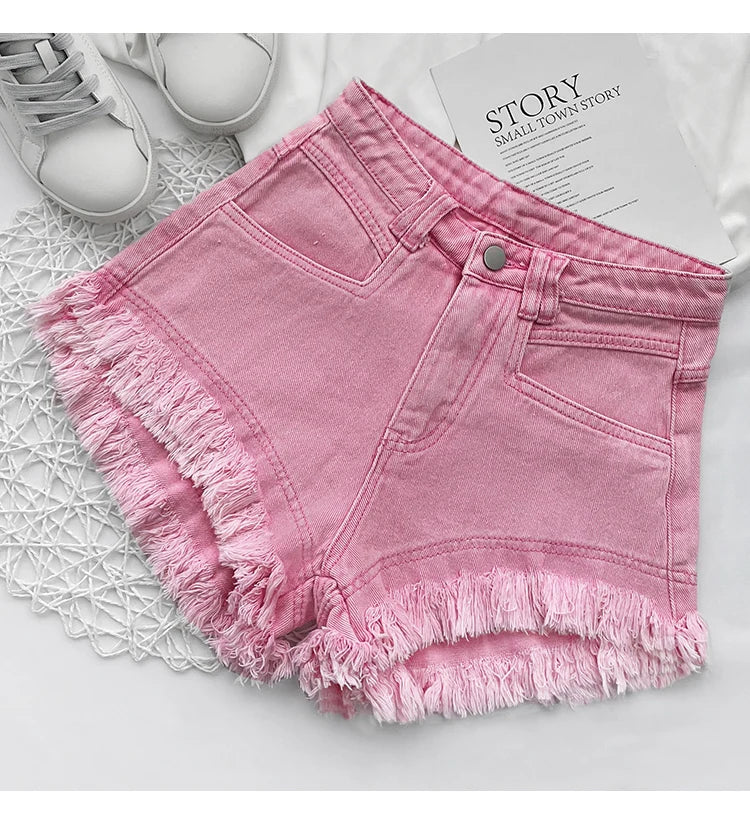 White Denim Shorts Women New High-Waist Ripped Fringed Burr Hot Pants 2023 Summer Loose Wide-Leg Korean Style Short Femme