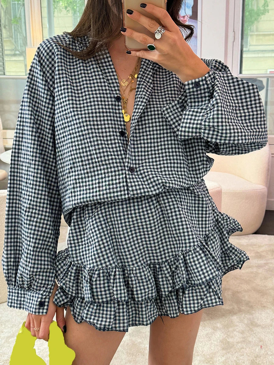 Women Retro Aesthetic Two Piece Outfits Skirts Sets Plaid Print Long Sleeve Button Shirts+High Waist Layered Mini Skirts Clothes Viralgem Store