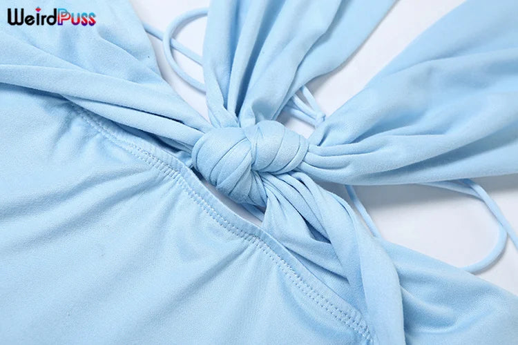 Weird Puss Knot Halter Dress Woman Summer Sexy Solid Backless Straps Ruffles Deep V-Neck Bodyshape Party Elegant Skinny Vestidos Viralgem Store