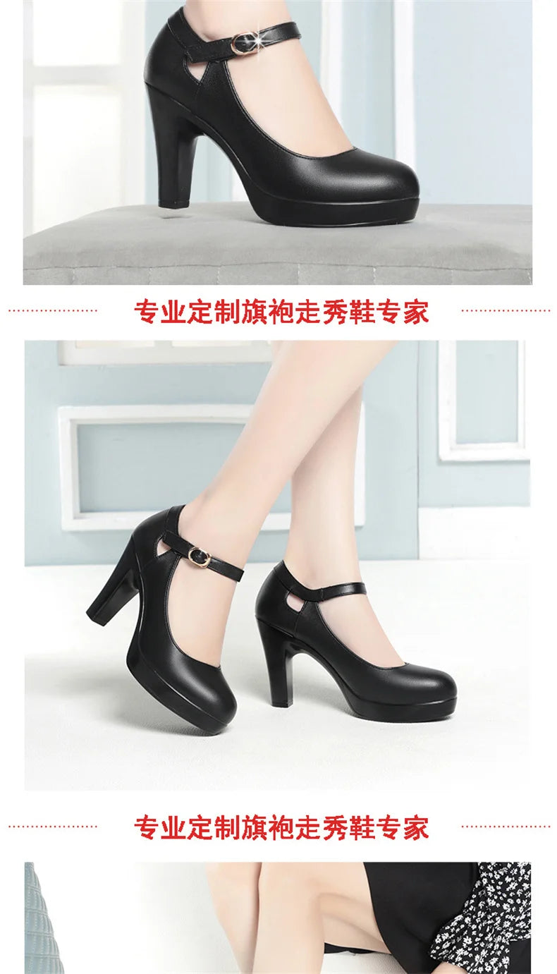 Spring Soft Leather Shoes Women Round Toe Platform Pumps Thick Heel Fashion Temperament Elegant Black Work Single Shoes Viralgem Store
