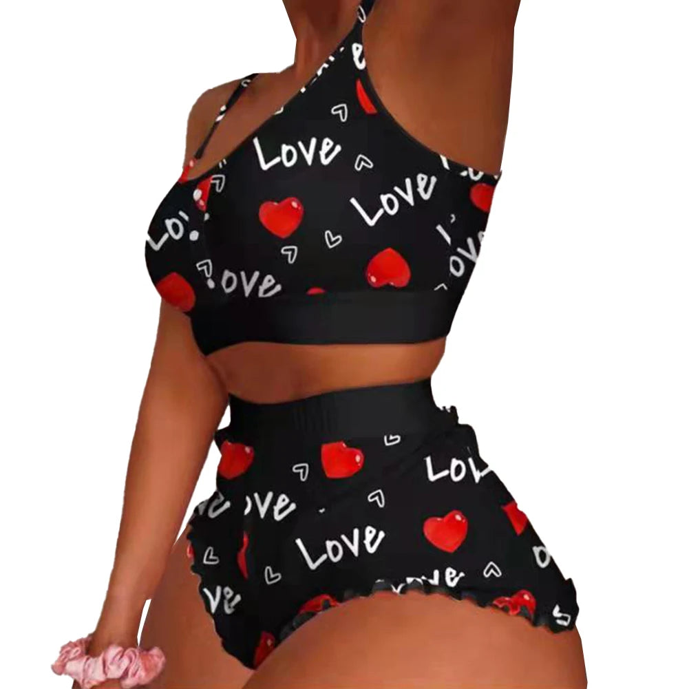 Women's Fashion Print Pajama Set Frill Hem Short + Sleeveless Crop Top Sleepwear Nightwear Lingerie Sweet Viralgem Store