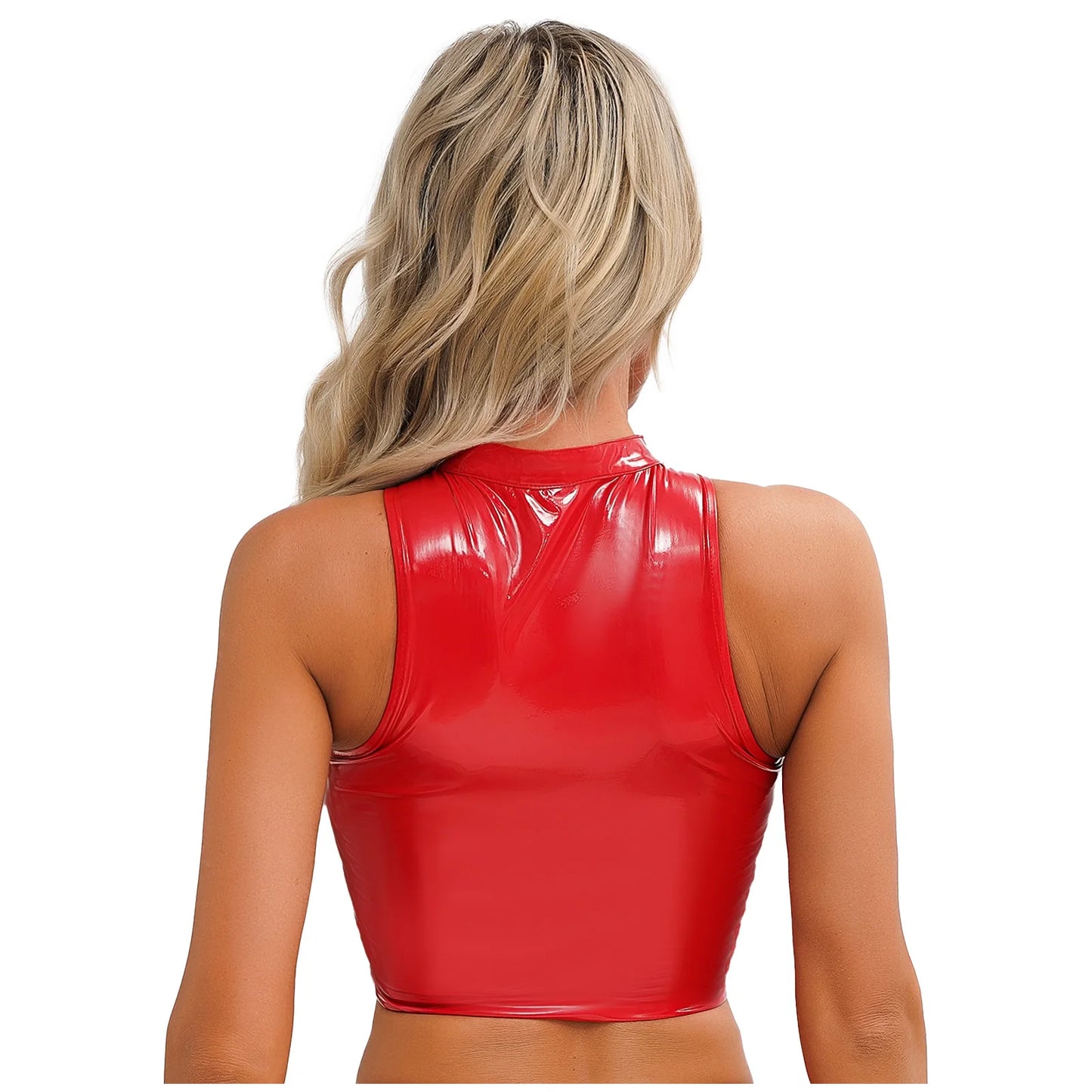 Women's Patent Leather Sleeveless Crop Tops Gothic Punk Corset Top Adjustable Round Neck Lace-up Vest Party Clothes Clubwear