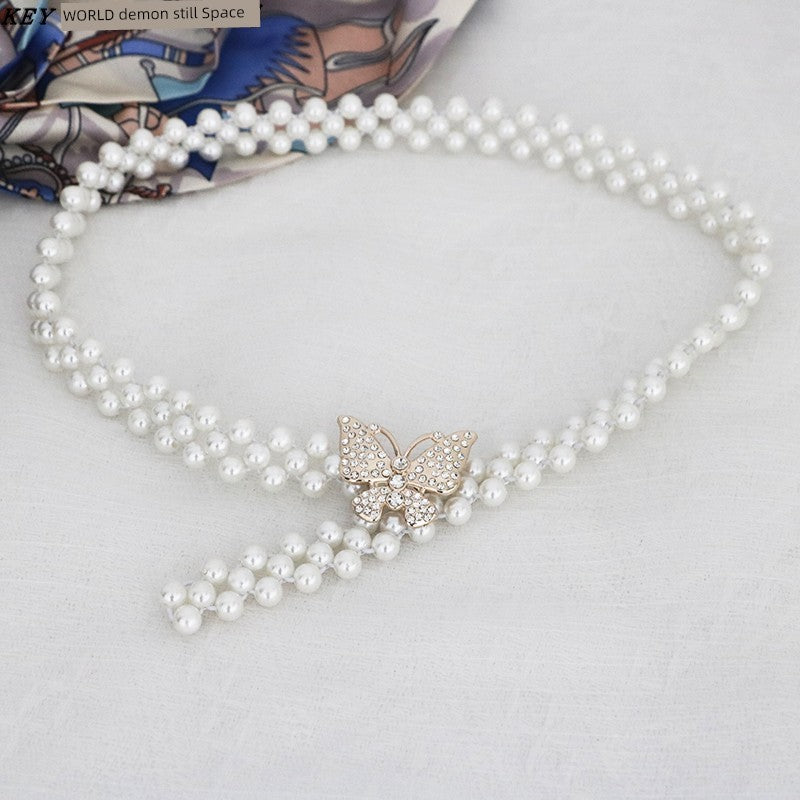 Women's Pearl Elastic Rhinestone Hanfu Waist Dress