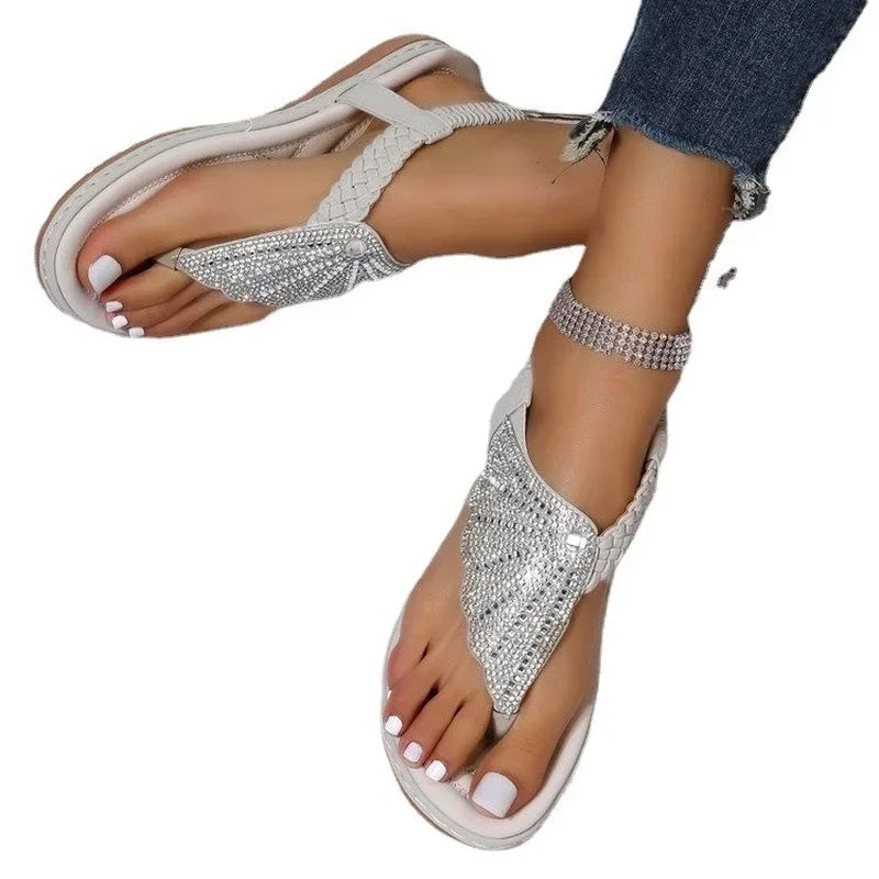 2024 Women's Summer Shoes Fashion Rhinestones New Sandals Flat Outdoor Beach Sandals Women Casual Clip Toe Sandalias De Mujer