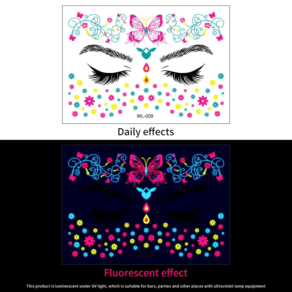 1Pcs Halloween Fluorescent Face Stickers 12-Styles Feather/Flowers/ButterflyDesign Tattoo Sticker Waterproof Glowing Face Decals Viralgem Store