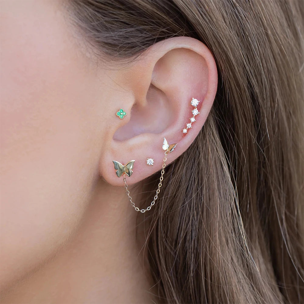 Aide 925 Sterling Silver 1pc Four Zircons Charm Chain Tassel Earrings For Women Double Studs Sparkling CZ Pave Cartilage Clips