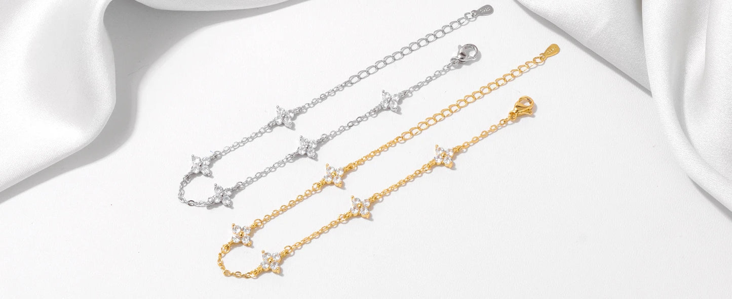 925 Silver Plated Cz Four-leaf Flower Bracelet for Women Girl Cute Dainty Adjustable Link Chain Bracelet Trend 18k Gold Jewelry