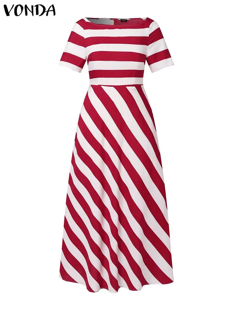 Stripe Maxi Dress VONDA Women Sexy Off Shoulder Printed Sundress 2024 Elegant Casual Loose Short Sleeve Robe Bohemian Vestidos