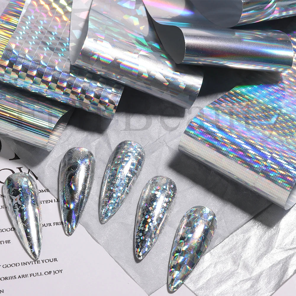 10Pcs Hologram Transfer Foil Nails Laser Stars Holographic Nail Stickers Mermaid Tail Sliders Metallic Gel Polish Wraps NLXKY01