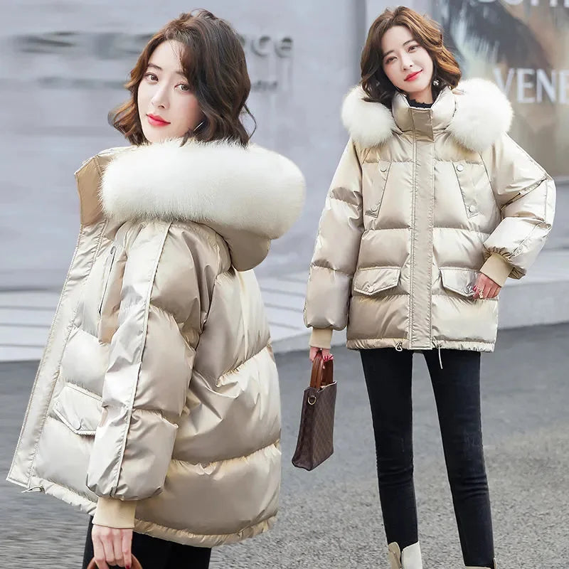 2025 Winter Fashion New Warm Duck Down Jacket Women's Clothes Glossy Fur collar Thicken Parka Short Down Coat Female Trend Viralgem Store