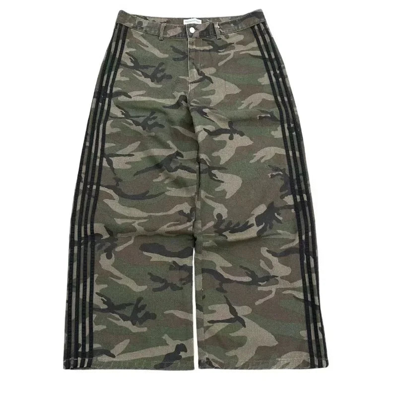 Y2k street new striped camouflage design men jeans Goth trend hip hop wide leg pants couple fashion casual loose straight pants