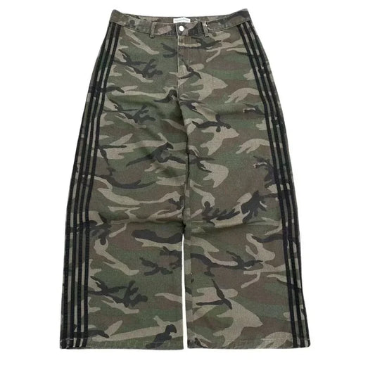 Y2k street new striped camouflage design men jeans Goth trend hip hop wide leg pants couple fashion casual loose straight pants